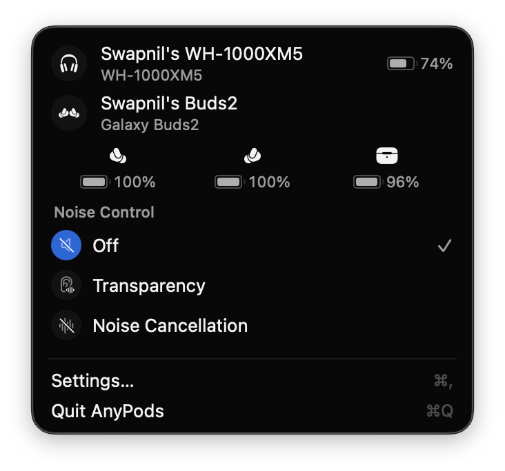 AnyPods menu showing battery levels and controls
